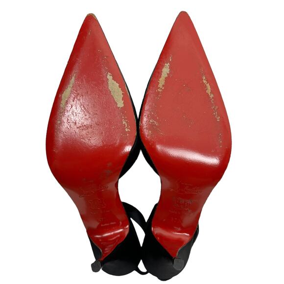 Christian Louboutin Black Satin Pointed Toe Rhinestone Slingback Heels 7.5 - Picture 6 of 7